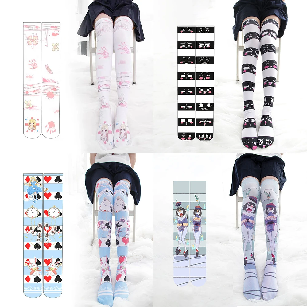 Moda 3D nadruk Lolita JK ładna dziewczyna na pończochy samonośne bandaż alicja w paski japońska długa rurka Harajuku pończochy