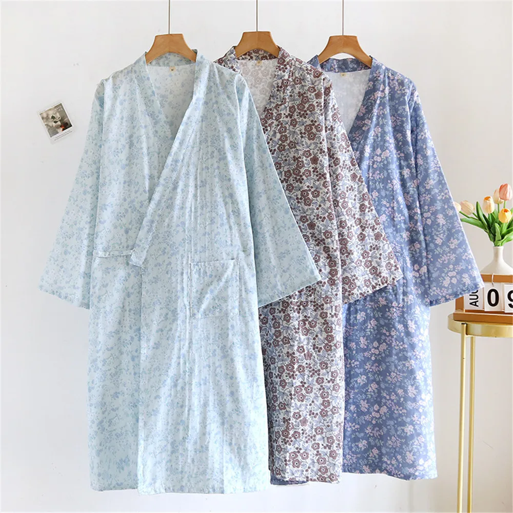 

Summer Men Women Robe Print Floral Cotton Gauze Loose Comfortable Kimono Robes Nightly Bathrobes