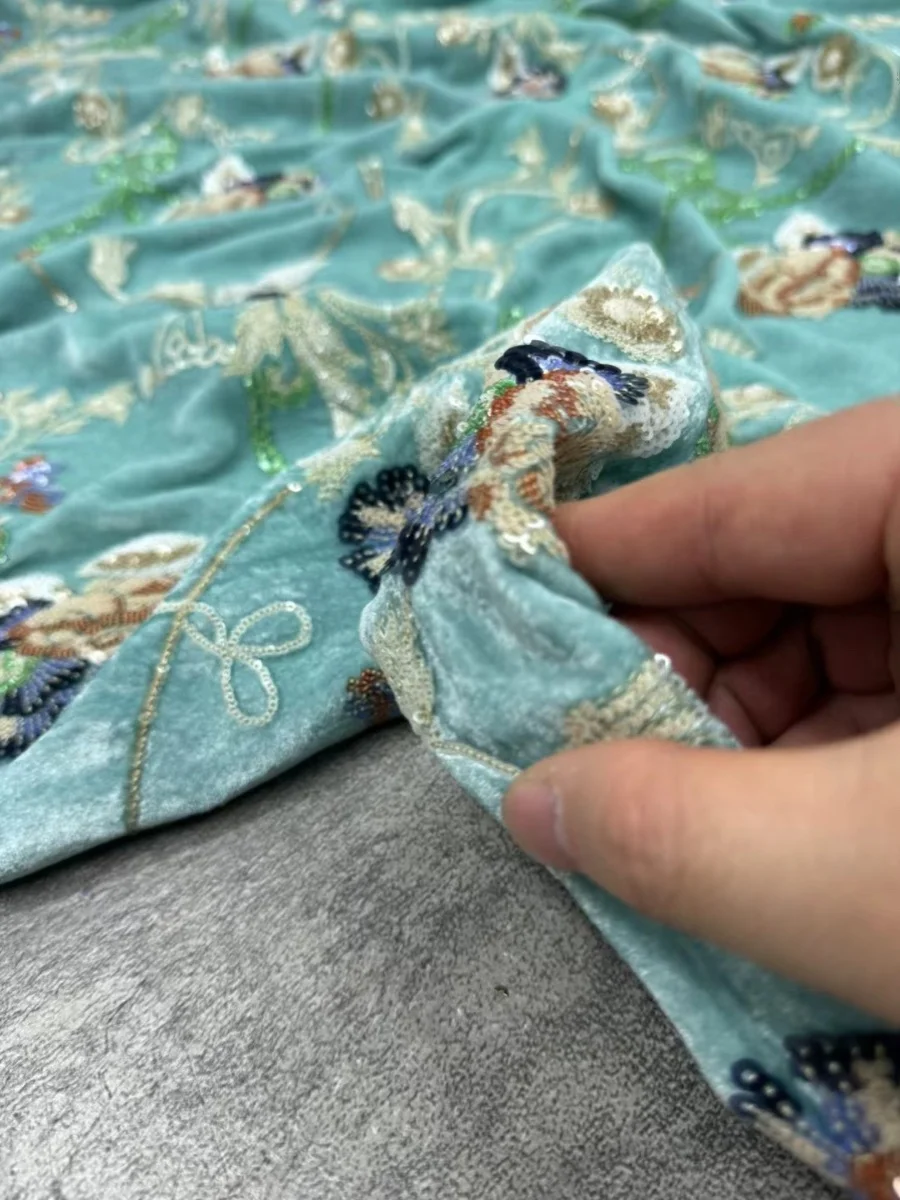 Gaoding Series Lake Blue Heavy Industry Colored Embroidery Silk Velvet Fabric National Style Top Vest Silk Fabric