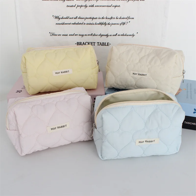New Quilted Heart Makeup Bag Women's Cosmetic Wash Bag Multi-functional Large-capacity Student Pencil Brush Storage Pouch