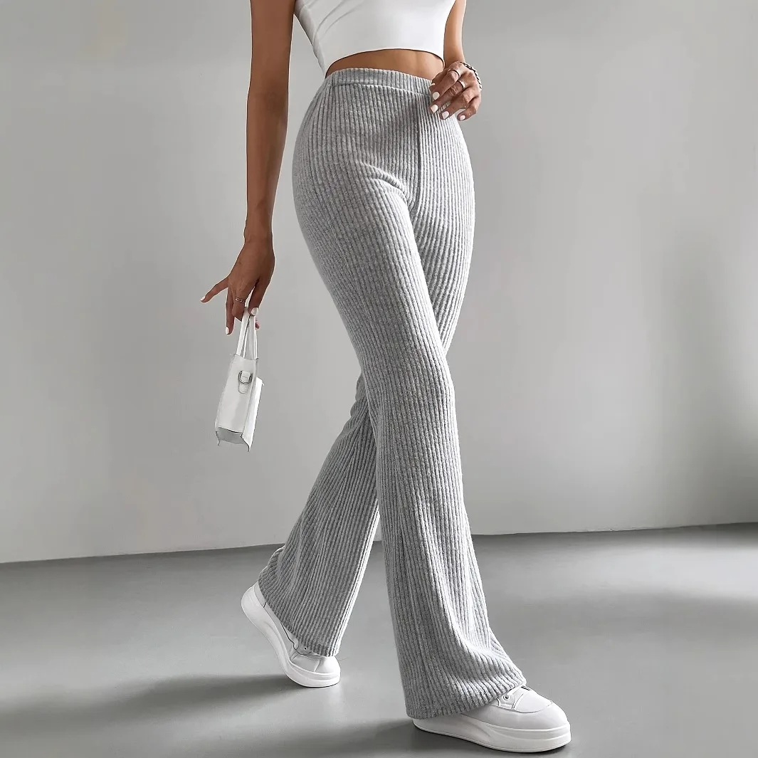 Women's Sexy Slim Pants Ribbed Solid Color Pants High Waisted Flared Pants Showing Longer Legs All-match Sports Long Pants