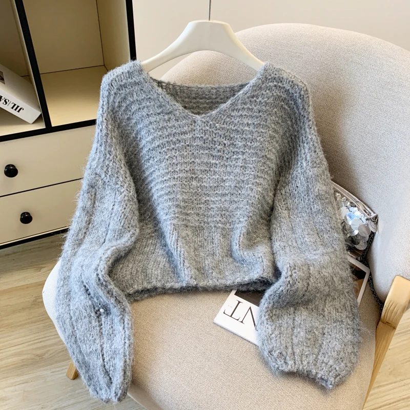 المرأة الأرجواني الخامس الرقبة سترة متماسكة سترة مريحة خمر الكورية نمط طويل الأكمام عيد الميلاد سترة الكشمير المعنقة 2000s الملابس 2025 #3