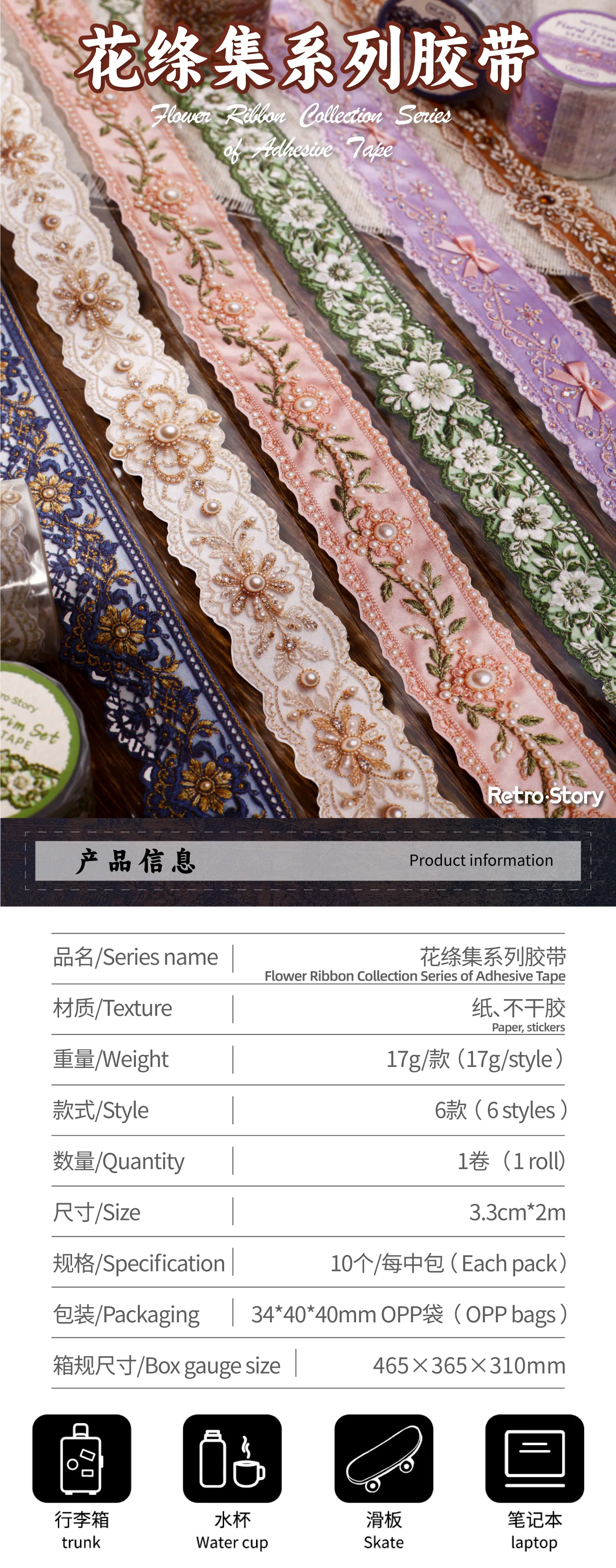 JIANQI 30mm * 2m Kreatives Spitzenband im Retro-Blumenstil, DIY Scrapbook Ästhetisches Masking Tape – Detail 1