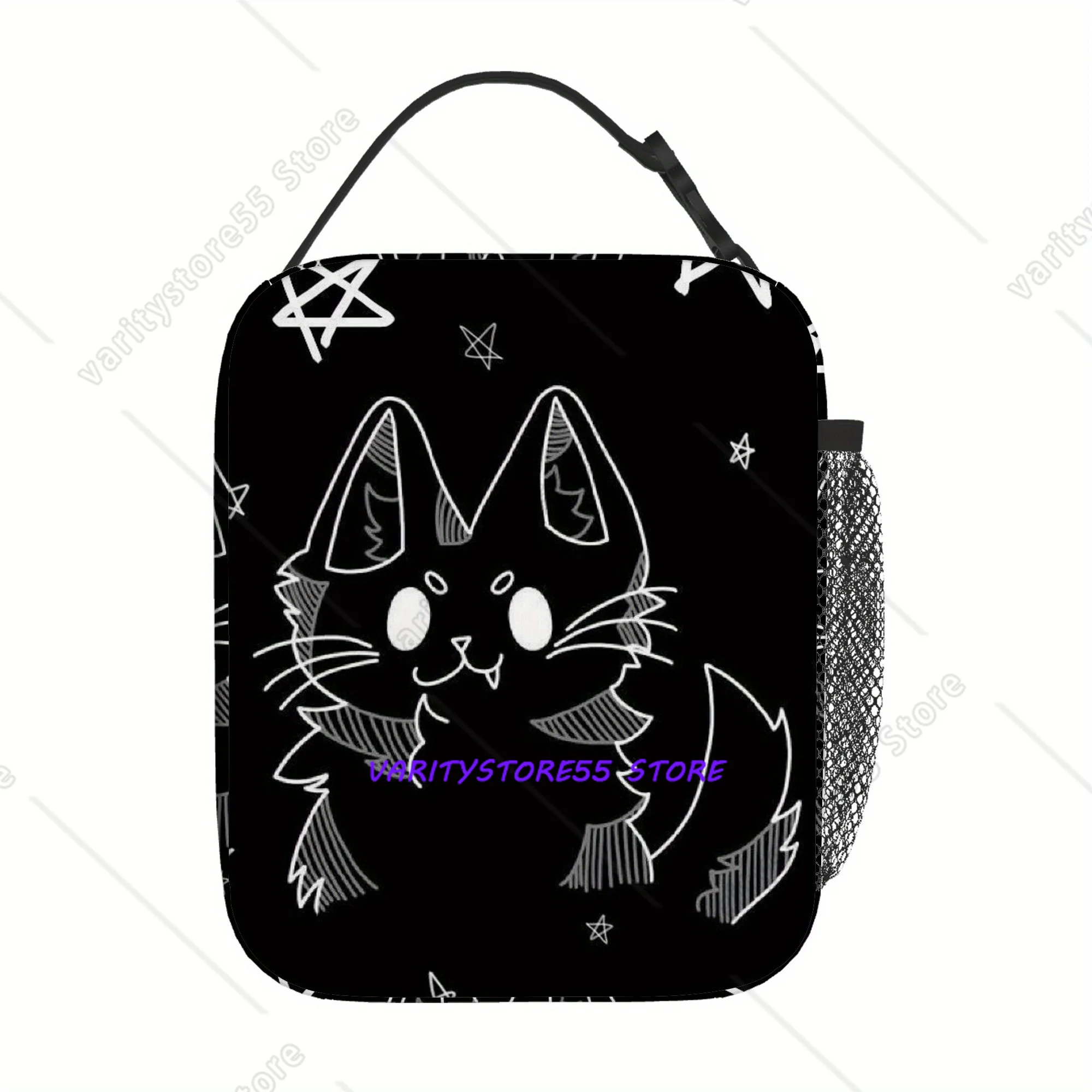 Black Cat with Stars Lunch Box Reusable Oxford Bento Tote Bag Portable Thermal Lunch Bag for Adults Kids Work School Picnic