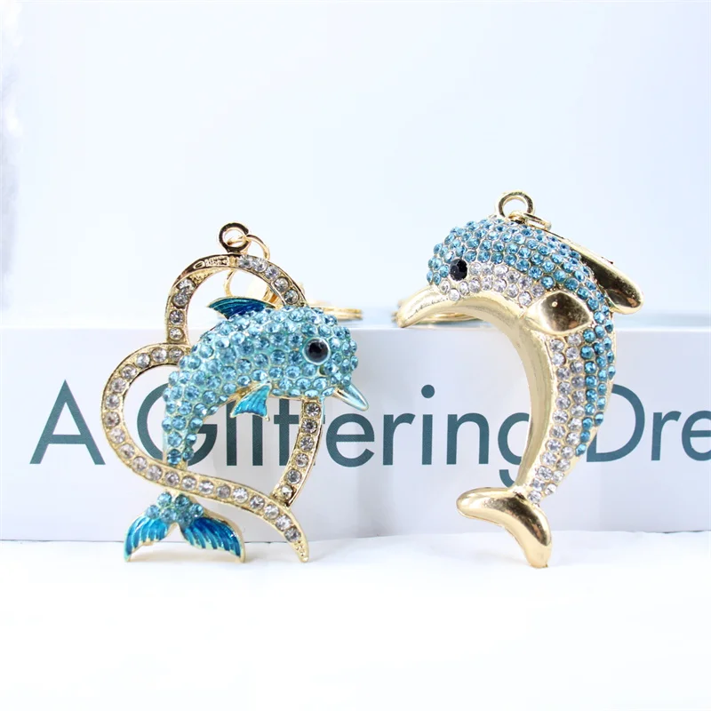 Trendy Blue Dolphin Crystal Rhinestone Keychains Cartoon Marine Animals Enamel Key Rings Kawaii for Fashions Women Girl Jewelry