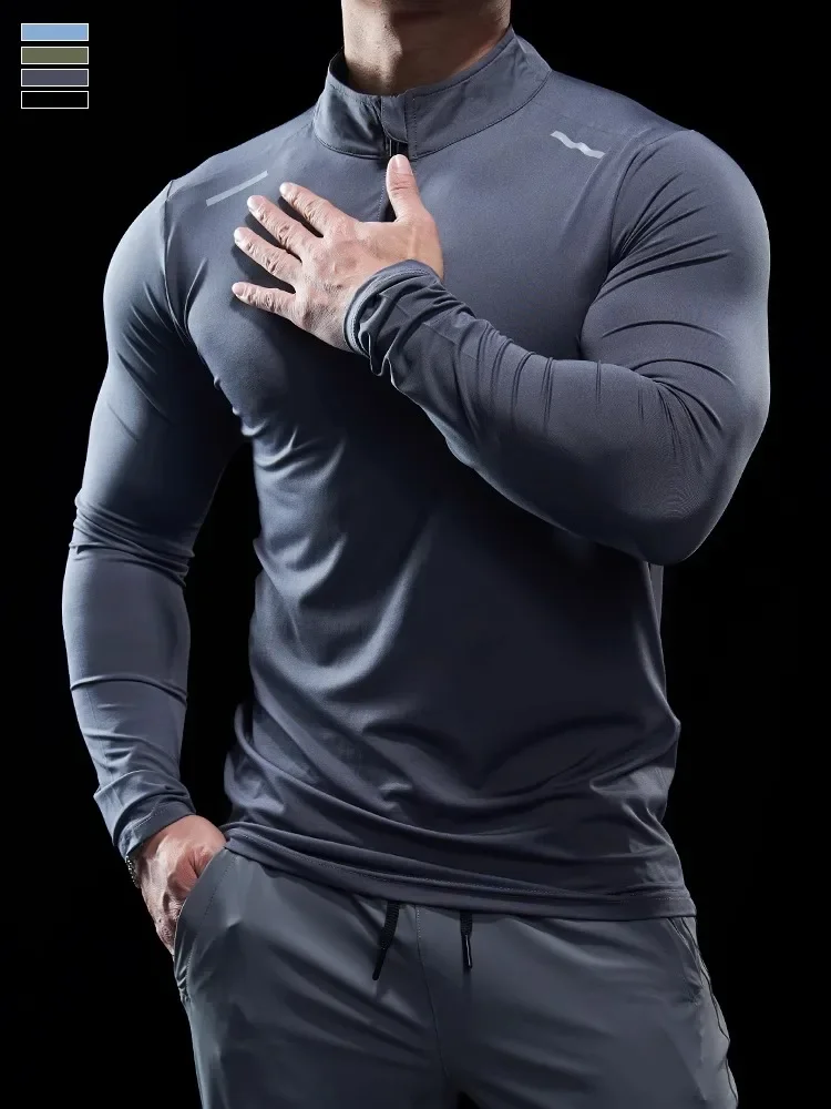 Men Stand Collar Zipper T-shirt Gym Running Training Fitness Bodybuilding Sport Top Quality Elastic Long Sleeve Tight Tops Tees