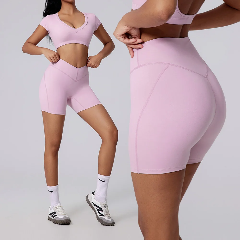 

Костюм для йоги Спортивный комплект Тренажерный зал Спортивные укороченные топы Однотонные шорты для йоги с короткими рукавами Бег Велоспорт Спортивные шорты для тренировок в тренажерном зале Йога