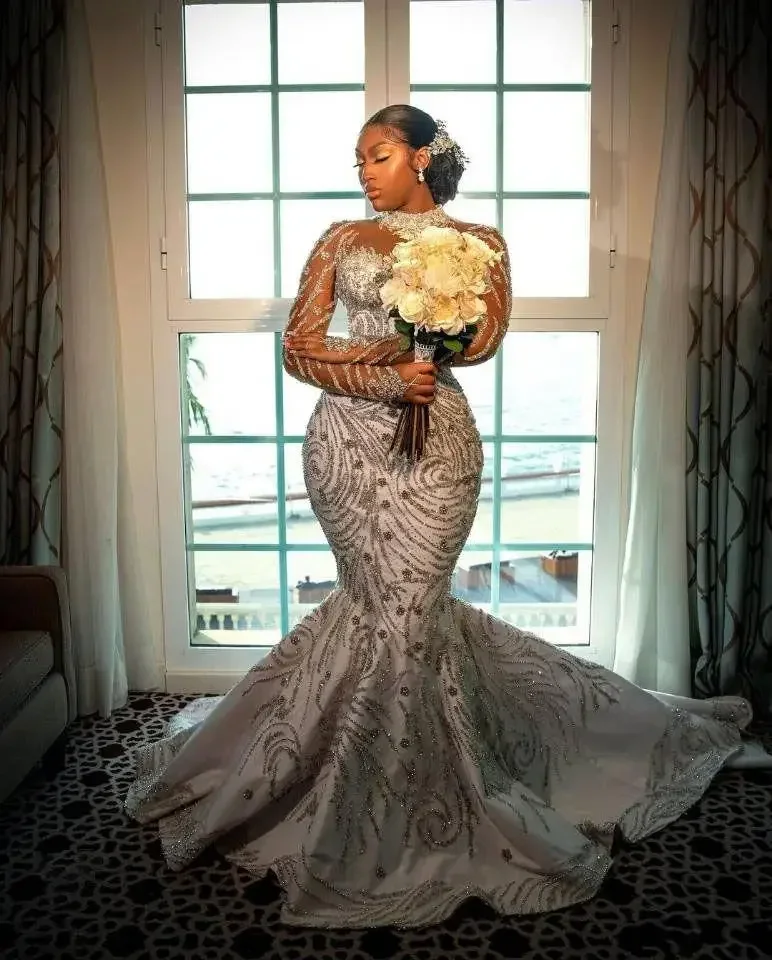 

Customized Luxury Crystal Mermaid Wedding Dress Illusion High Neck Long Sleeve Plus Size Bridal Gowns Beads Bride Dresses Robes
