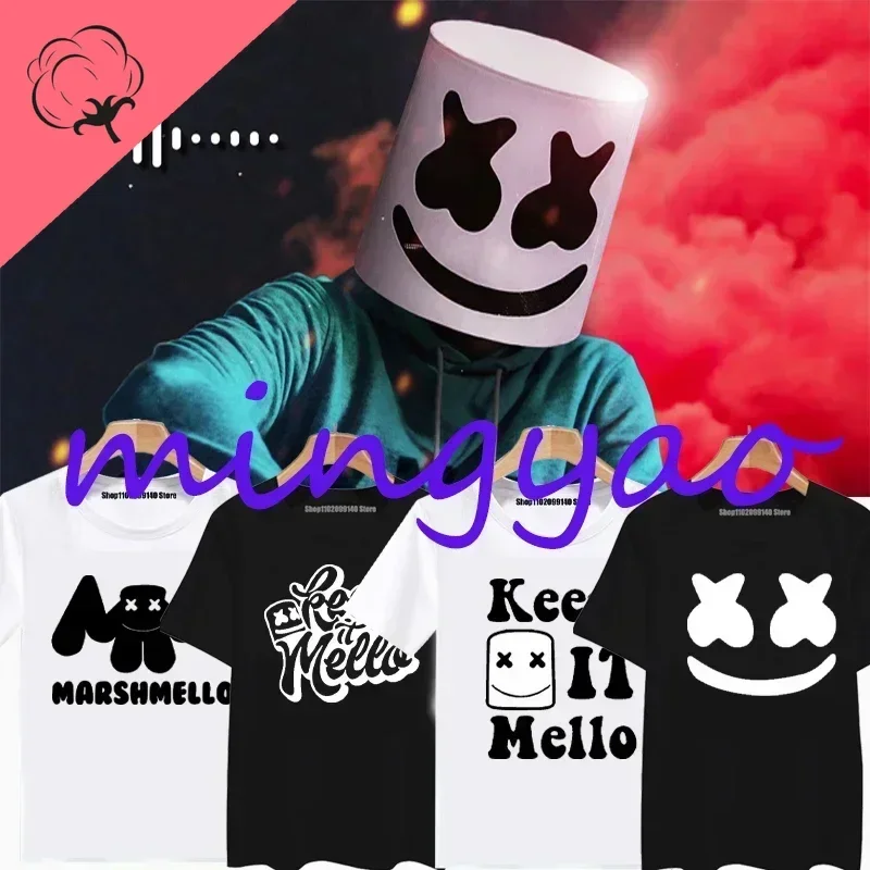 2023 DJ M-arshmello T-shirt Men's and Women's Short Sleeve M-arshmello Face Keep It Mello Print Harajuku  Top