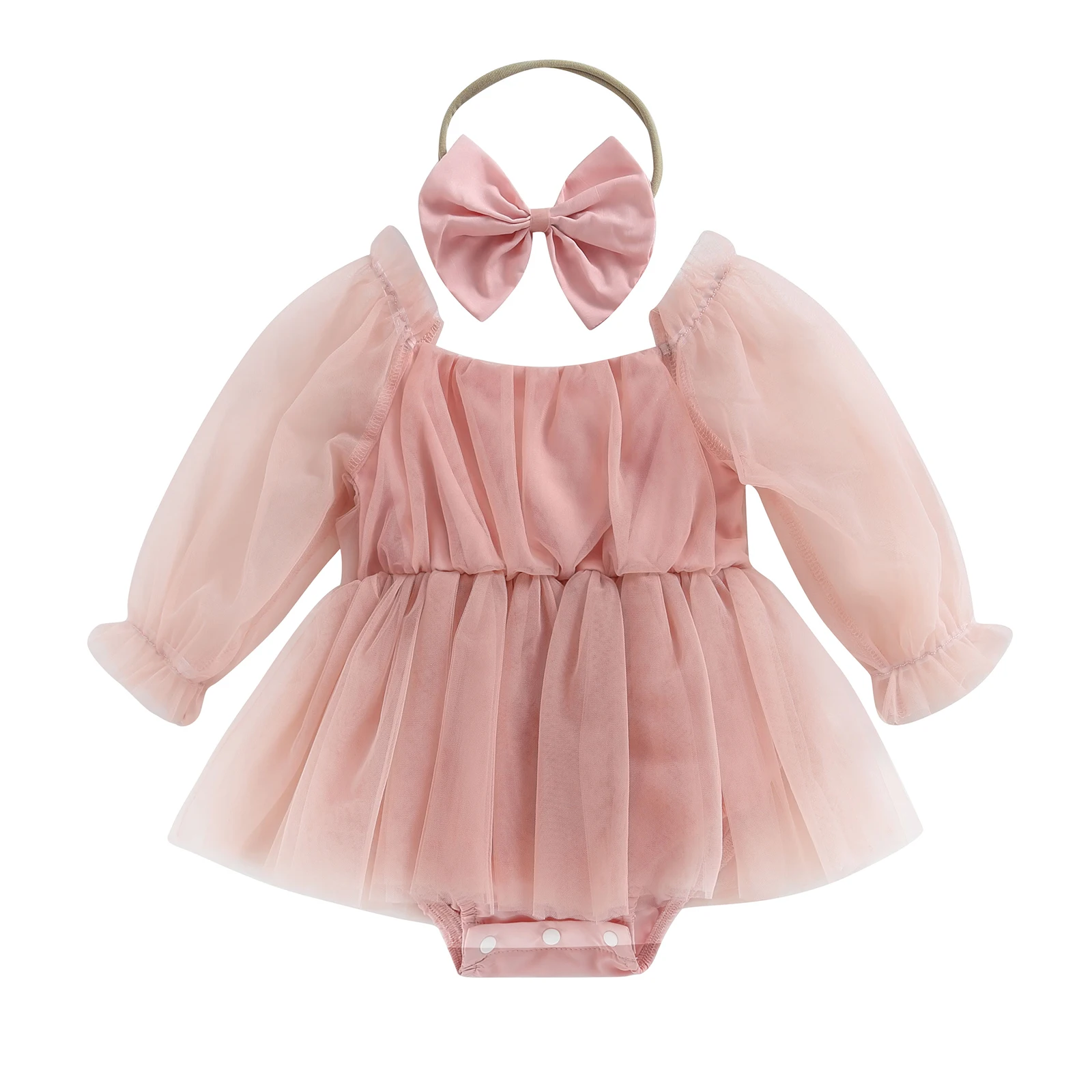 Baby Girls Casual Romper Dress Long Mesh Sleeve Tulle Patchwork Romper with Bow Headband