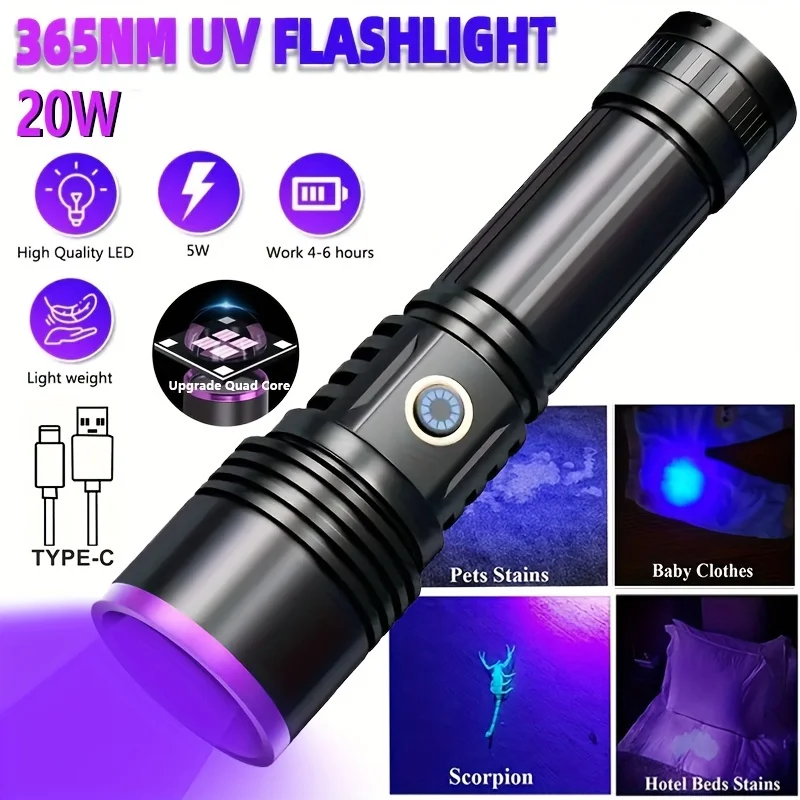 

AODTOSIP High Power 30W 365nm UV Flashlight USB Rechargeable UV Light Black Light Flashlight for Pet Urine Detection