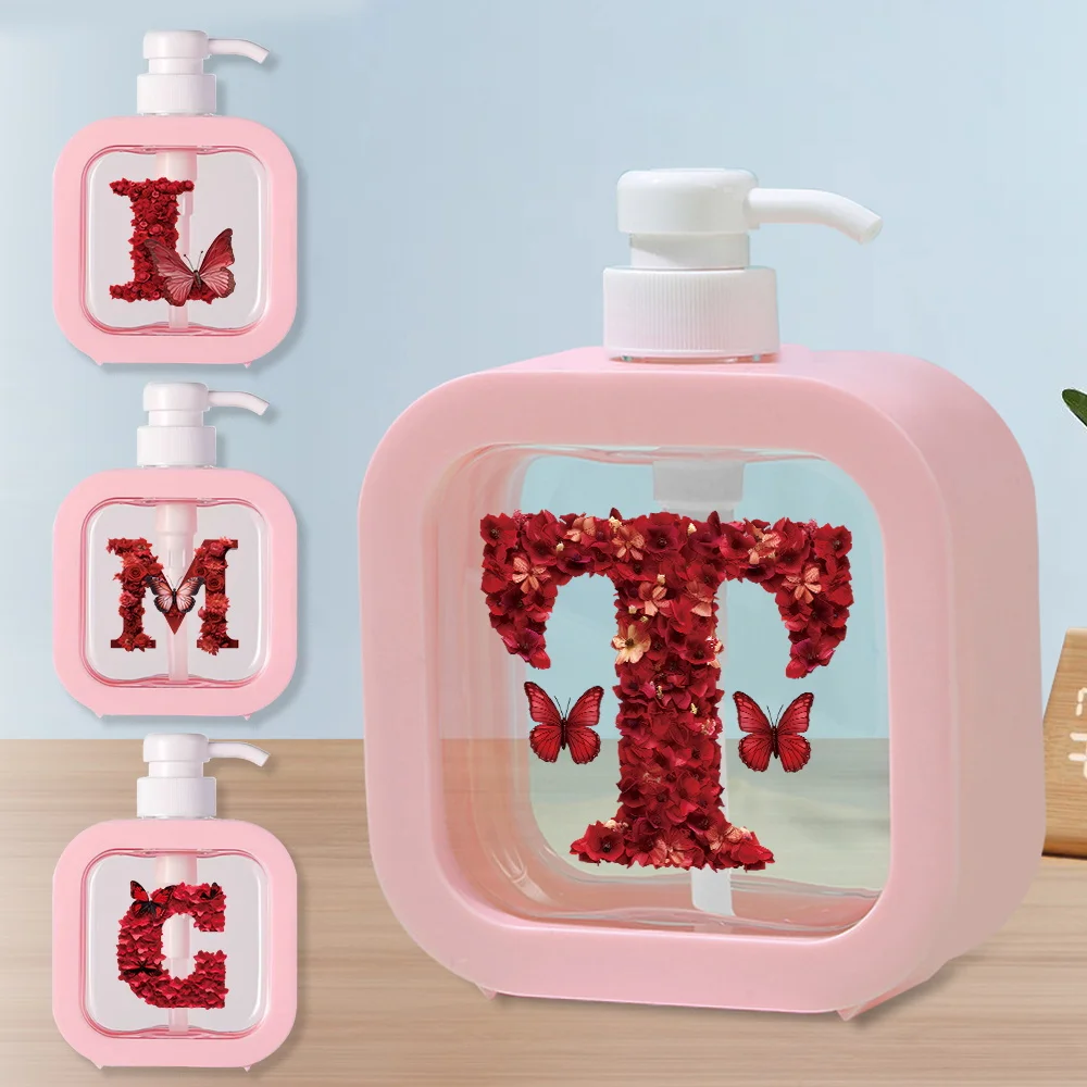 

Press Type Lotion Bottle High Capacity Detachable Soap Dispenser Refillable Lotion Bottle For Home House Red Rose Letter Pattern