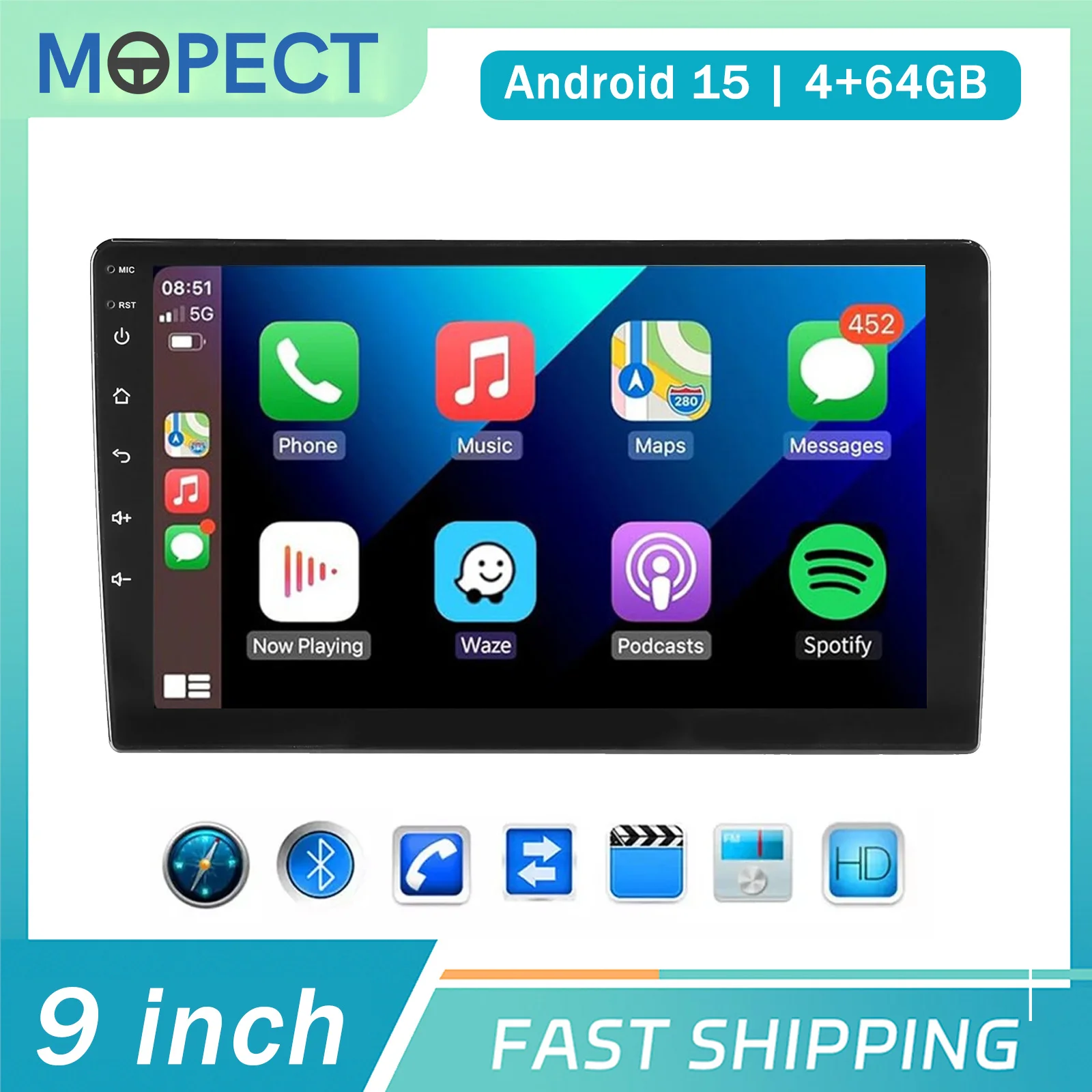MOPECT Doppel-DIN 9-Zoll 4+64G Autoradio Android 15 Autoradio Wireless Carplay Multimedia-Player Universal 9-Zoll GPS SWC mit APPLE CARPLAY & ANDROID Auto