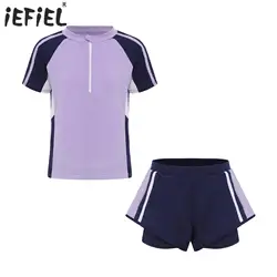 2Pcs Kids Girls Swimming Suit Beachwear Short Sleeve Tops Double Layers Shorts Swimwear Patchwork Bathing Suit Rash Guard Set