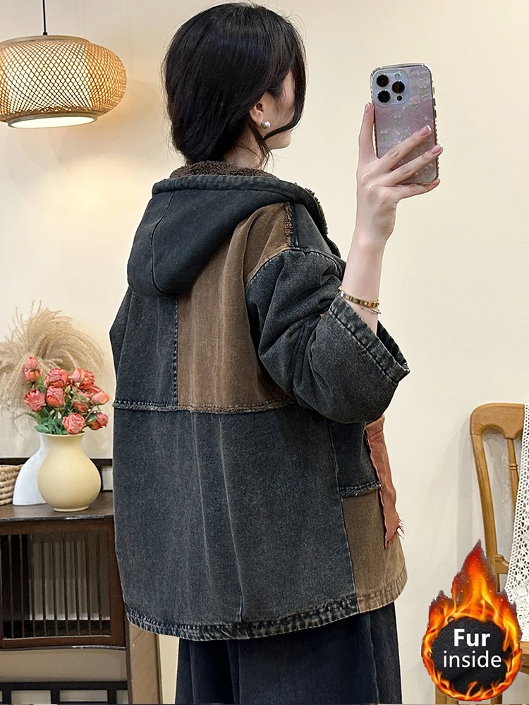 Max LuLu Korean Winter Warm Parkas Womens Vintage Fur Loose Denim Padded Jackets Casual Big Size Hooded Coats Thicken Outerwear