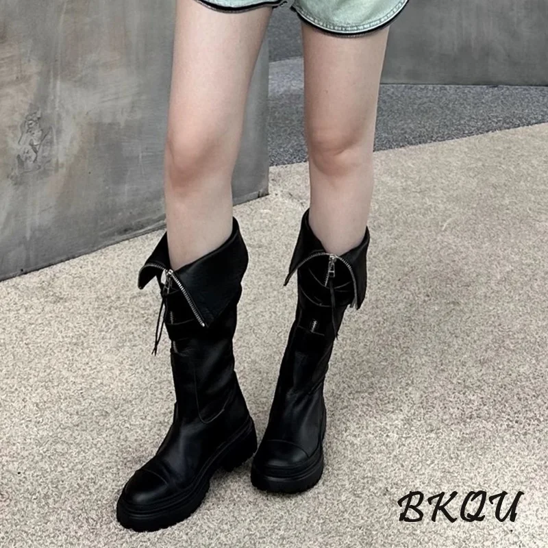 BKQU Punk Knee-high Boots Women 2024 Spring and Autumn New Trend Belt Buckle Thick Sole Motorcycle Rider High Fashion Boots