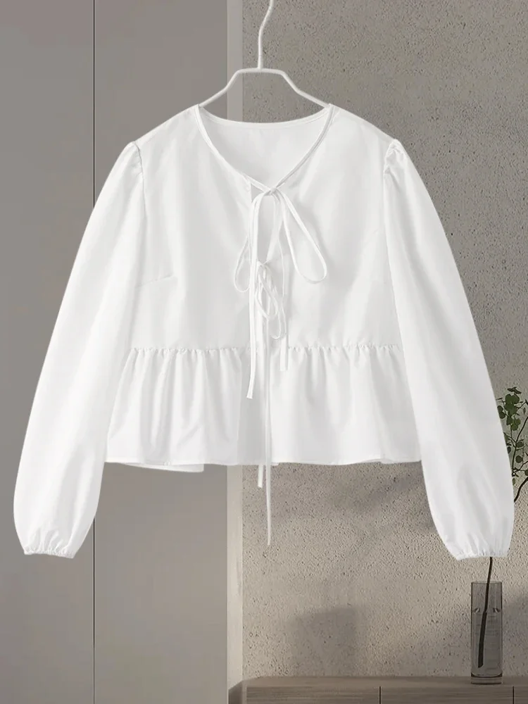 Elegant Solid Lace Up Shirts for Women Casual Long Sleeves Female Blouse 2024 Spring Summer New Office Ladies Commuter Shirts