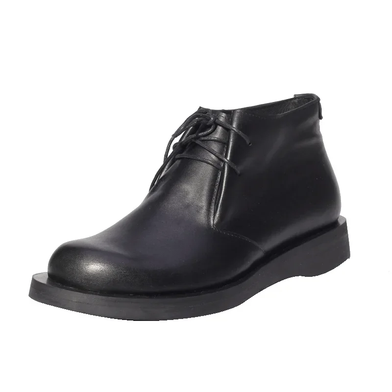Men's Boots Winter Genuine Leather Retro Lace Up Flat Bottom Thick Bottom Business High Top Men Shoes