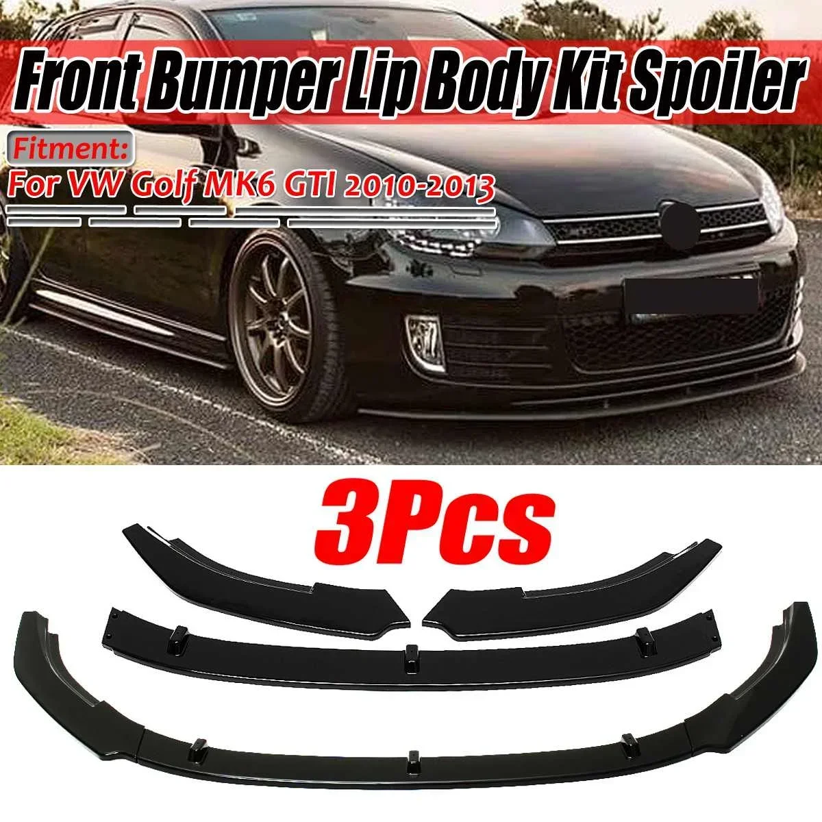 

3 Piece Carbon Fiber Look/ Black Car Front Bumper Splitter Lip Diffuser Body Kit Spoiler For VW For Golf MK6 GTI 2010 2012 2013