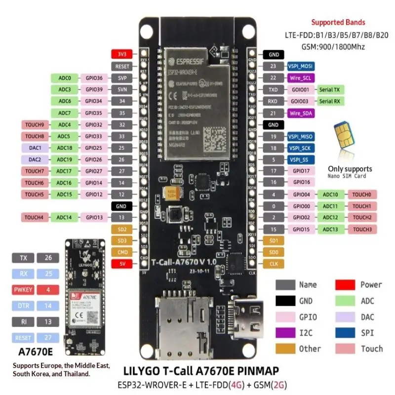 

1PCS T-Call A7670 4G 2G ESP32 Development Board A7670E LTE GSM Cellular Network ESP32-WROVER-E WiFi Bluetooth Wireless Module