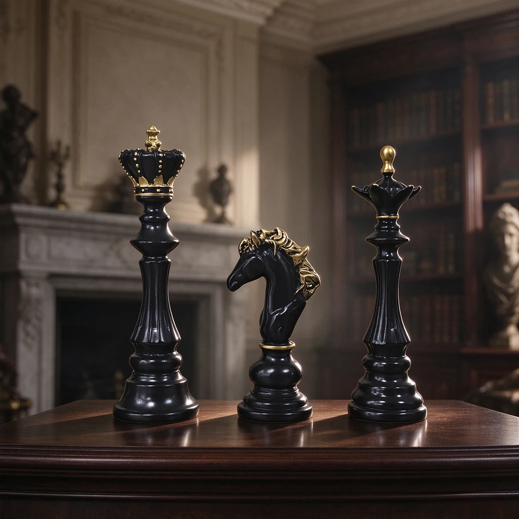 2026 Trending Chess Decor Set, Black Gold Resin King Queen Knight Statue, Modern Luxury Ornament for Home Office