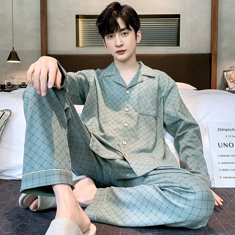 Spring and autumn men's pajamas long sleeve trousers thin youth casual trend loose large size two sets of home wear pajamas