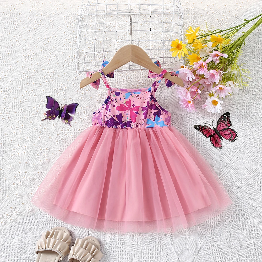 Summer New Girl\'s Cute Bow Suspender Patchwork Beautiful Mesh Fluffy Princess Dress Baby Birthday Party Dress