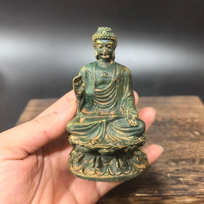 Chinese Retro Sakyamuni Buddha Statue Vintage Metal Sitting Buddha Figurine Desktop Ornament Home Altar Decor Collectible Craft