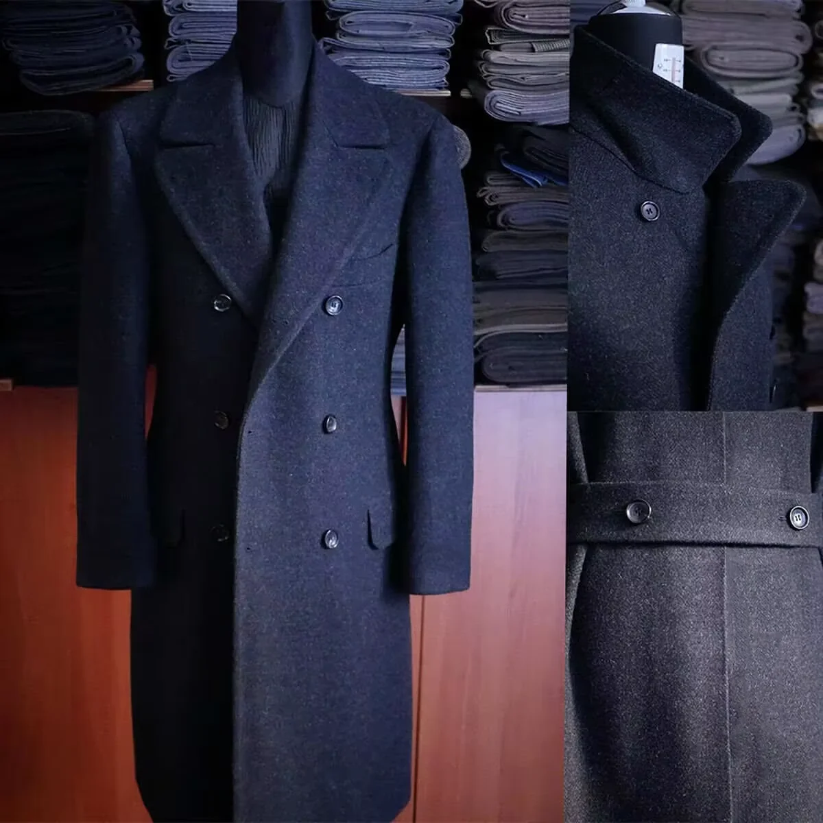 Vintage Men's Long Overcoat Double Breasted Wool Blend Trench Coat Business Casual Suit Jacket Plus Size Autumn Winter Blazer