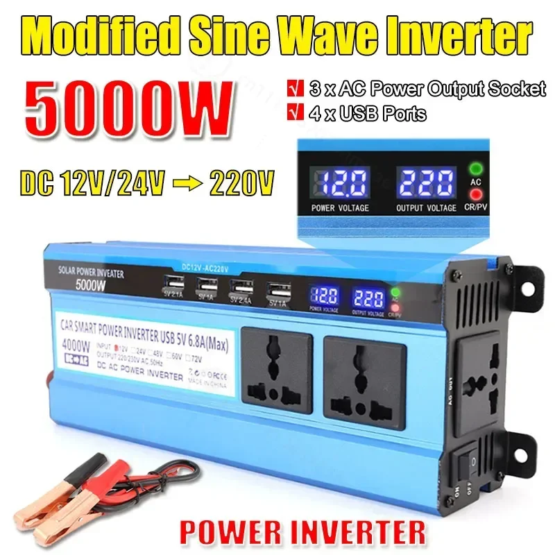 3000W Modified Sine Wave Power Inverter Voltage Converter 4 USB Ports LCD Display 12V/24V TO 220V Portable Transformer