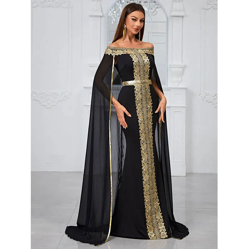 Abaya dubai luxury ramadan 2024 Muslim Women Off shoulder Sequined Black Chiffon Evening Party Cocktail Prom Long Maxi dresses