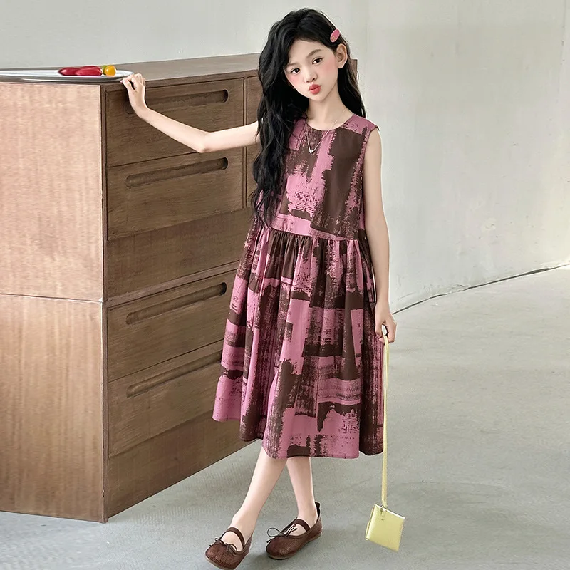 

Kids Pink and Brown Abstract Print Sleeveless Girls Dress, casual long dress, suitable for summer dresses for girls aged 4-14Y
