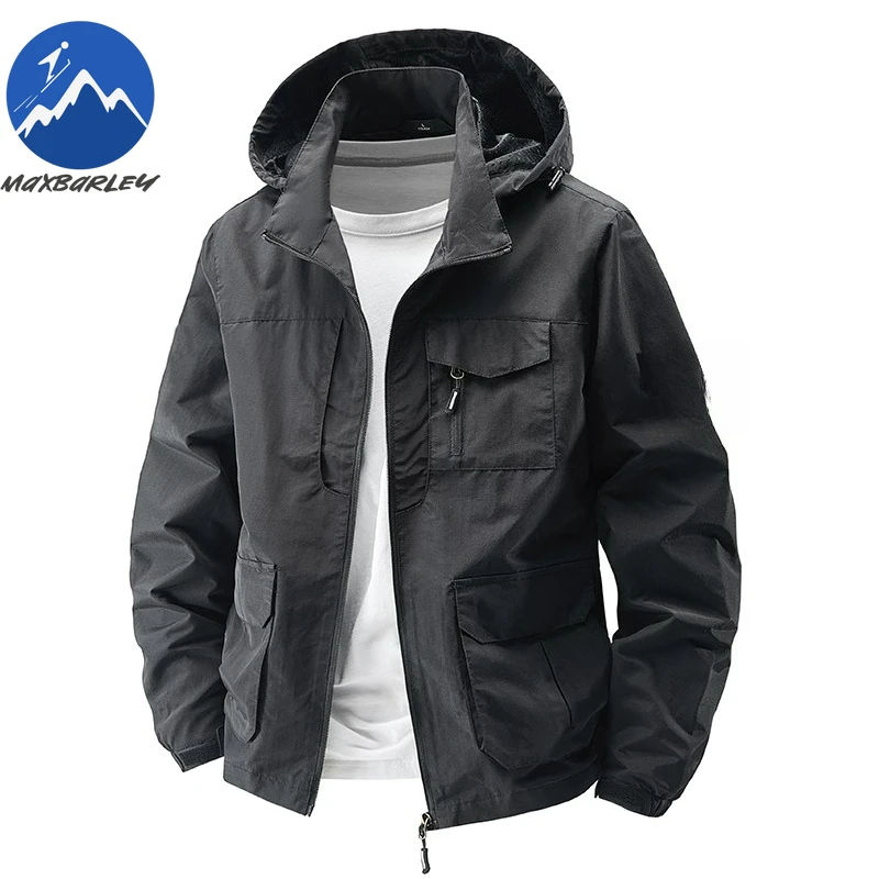 Maxbarley New Jacket Fashion Detachable Hood Outdoor Camping Lightweight Coat Plus Size Multi Pocket Waterproof Autumn Garment