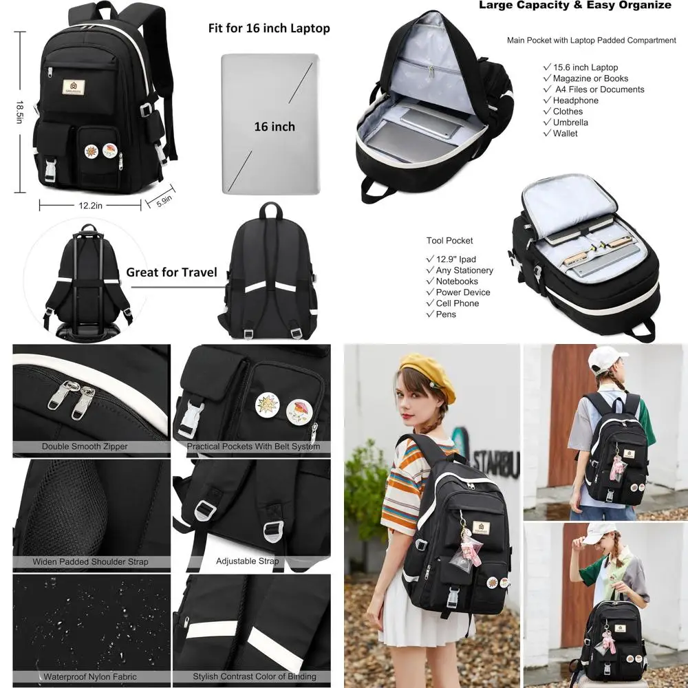 

15.6 Hidds Laptop Backpack for College, School, and Travel - Cute, Large, Anti-Theft, Suitable for Girls, Women, and Teens (Blac