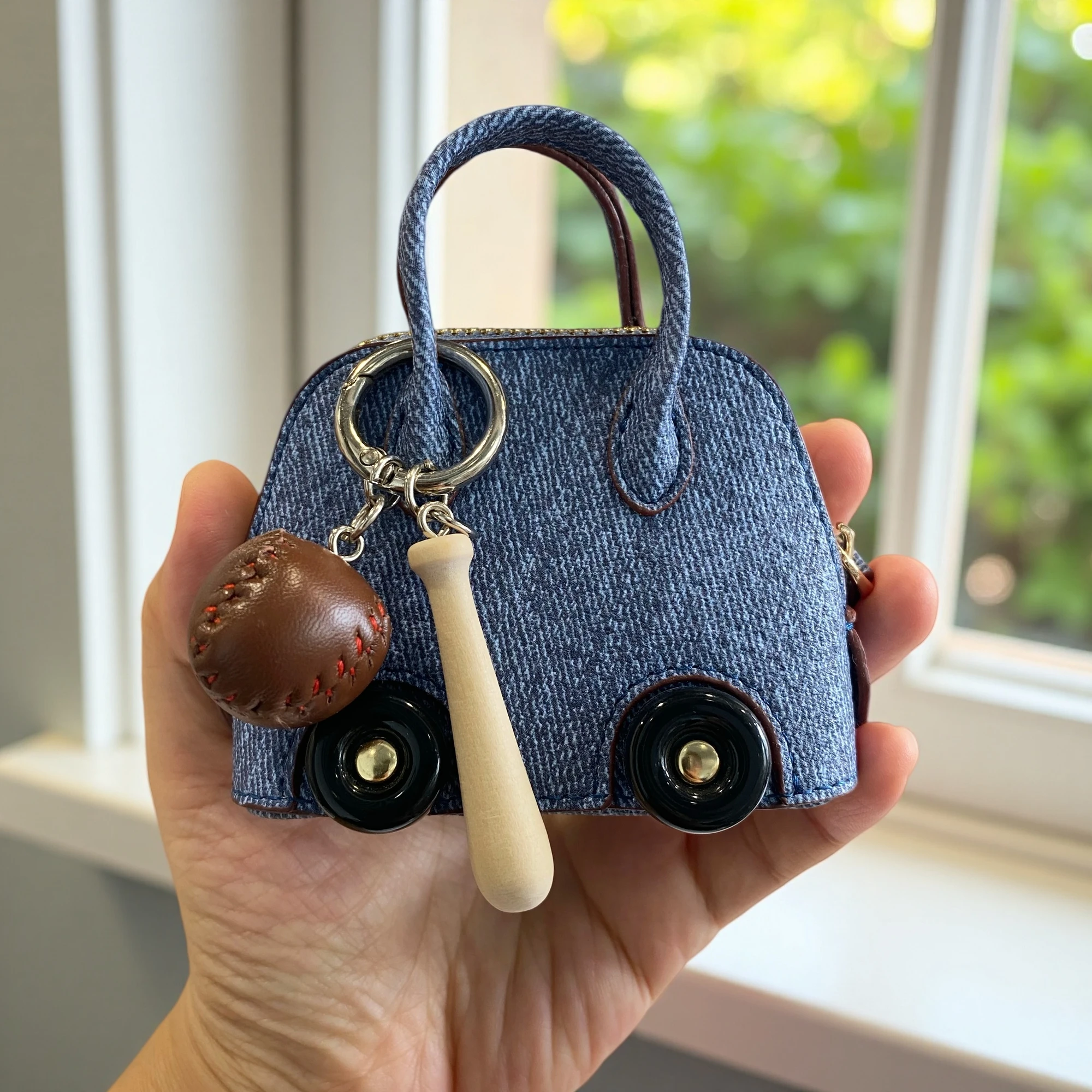 Denim PU Leather Mini Bag Pouch Charm, Earphone Case, Coin Purse & Jewelry Pouch, Baseball and Bat Keychain, Purse Accessory