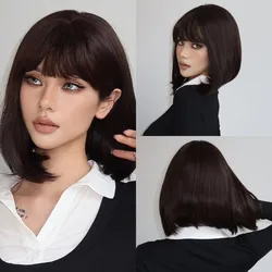 Short Straight Dark Brown Bob Wigs Synthetic Natural Wigs with Bangs for Women Daily Cosplay Use Heat Resistant Fiber Wigs