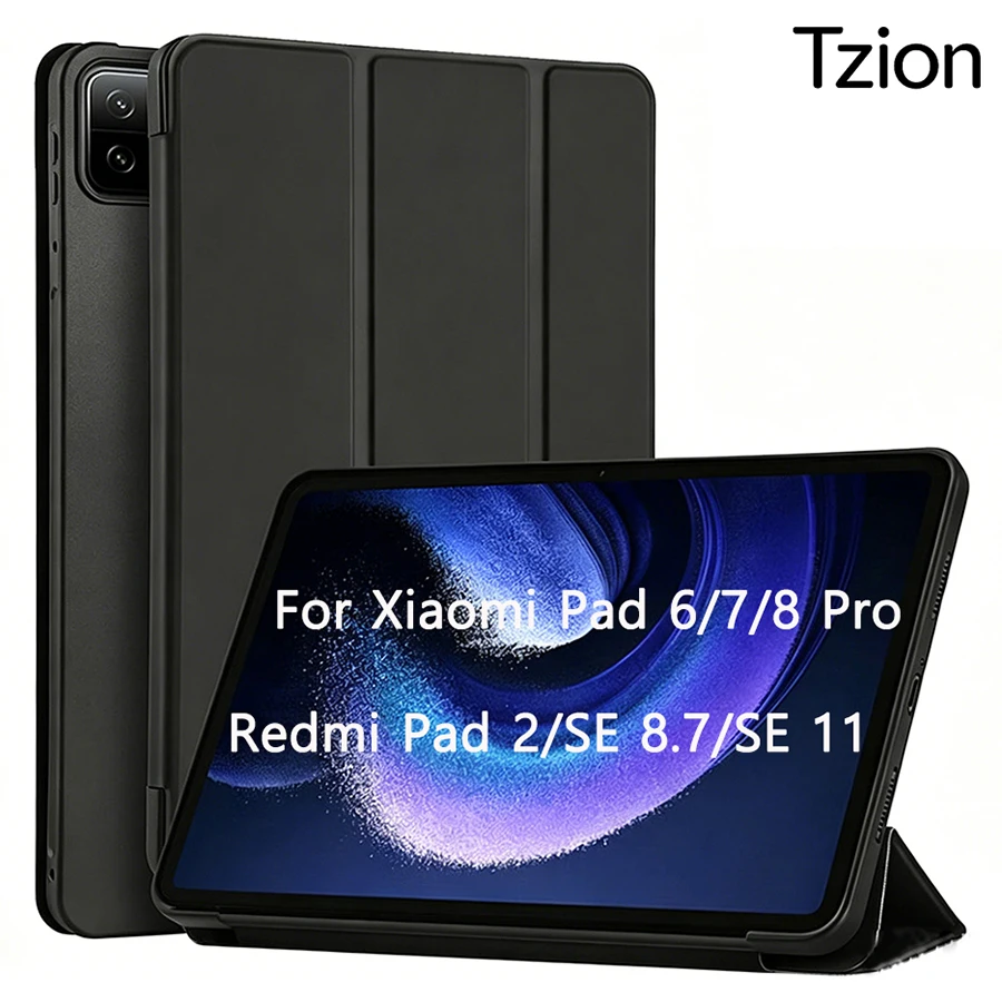 Tablet Case for Xiaomi Pad 6 7 8 Pro 11 11.2 / Redmi Pad 2 SE 8.7 11 PU Leather Flip Stand Smart Cover Soft Silicone Back Shell