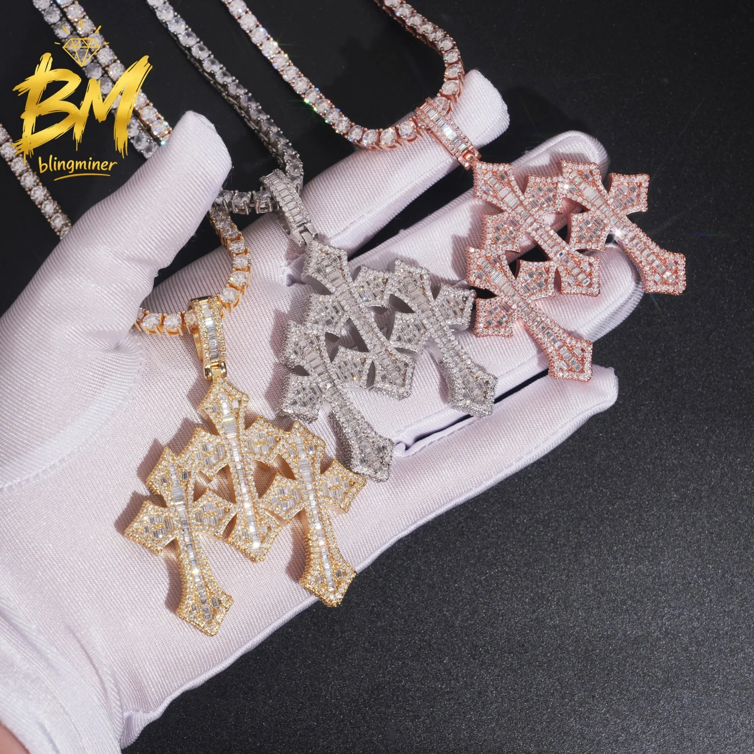 Кулон Blingminer Iced Out Triple Cross из серебра S925 с муассанитом VVS для мужчин и женщин, ювелирные изделия, проходят проверку на подлинность бриллиантов, сертификат GRA.