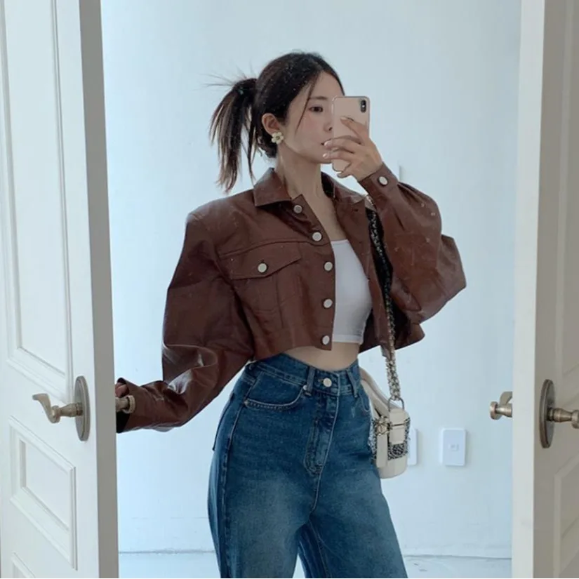 2026 New Fashion Casual Style Short Leather Jacket Simple Design Outerwear Women's Premium Quality Short Length Coat