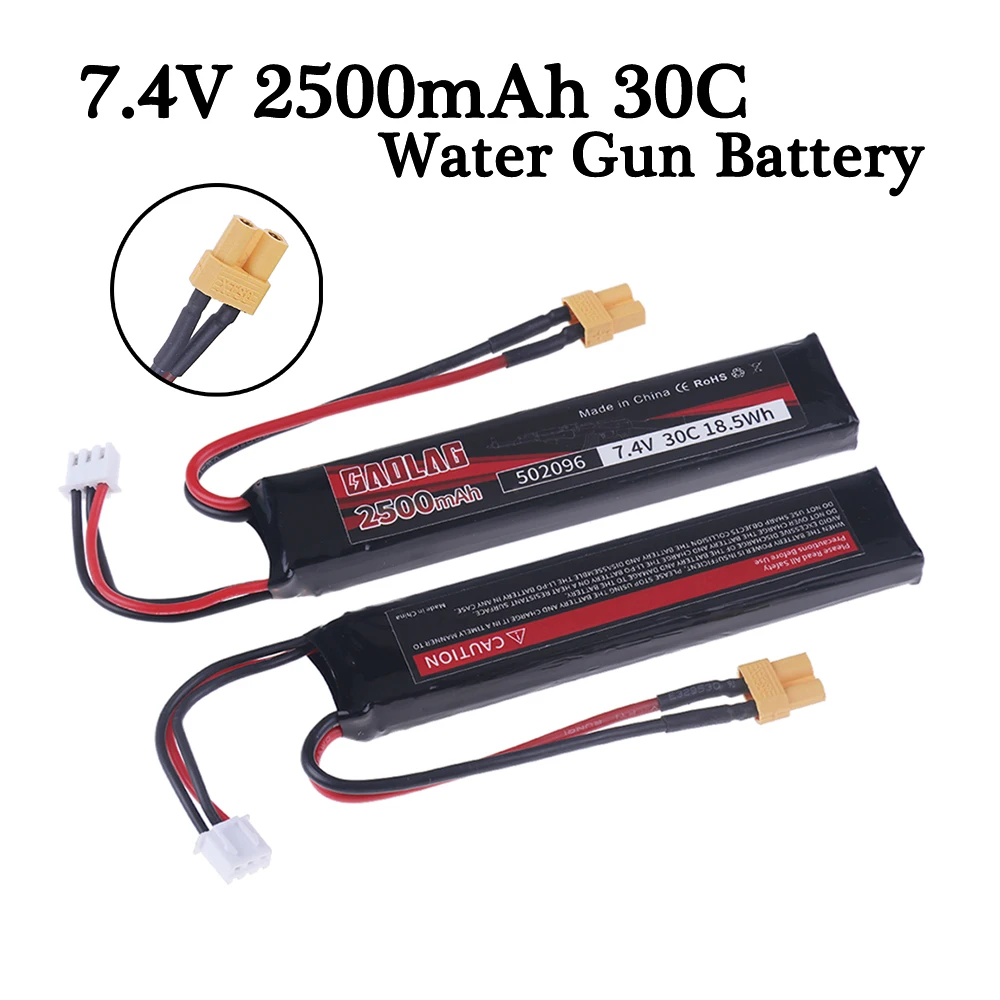 1 to 5pcs Water Gun Lipo Battery 7.4V 2500mAh For Mini Airsoft BB Air Pistol Electric Toys RC Parts 2s 7.4v Battery XT30 plug