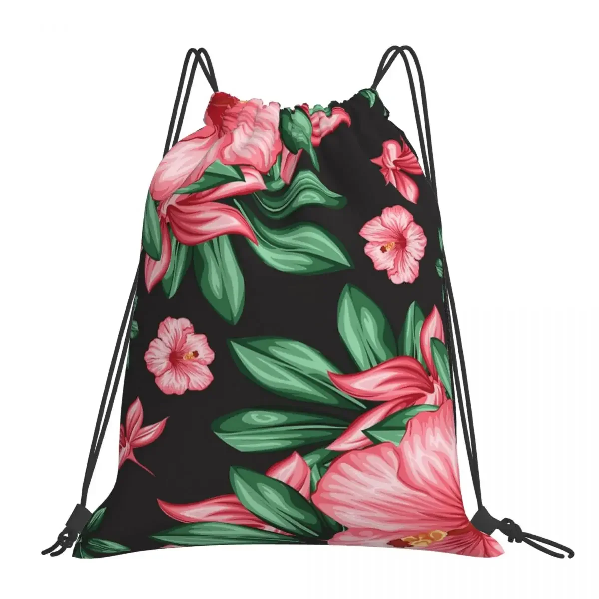 Hibiscus Flowers Pattern Backpacks Casual Portable Drawstring Bag Drawstring Bundle Pocket Storage Bag BookBag For Travel School