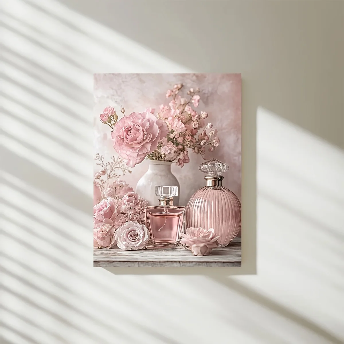 Artwork Vintage Floral Perfume Bottles Posters, Adorned with Soft Pink Roses And Pastel Flowers. No Framed Wall Art Is Perfect