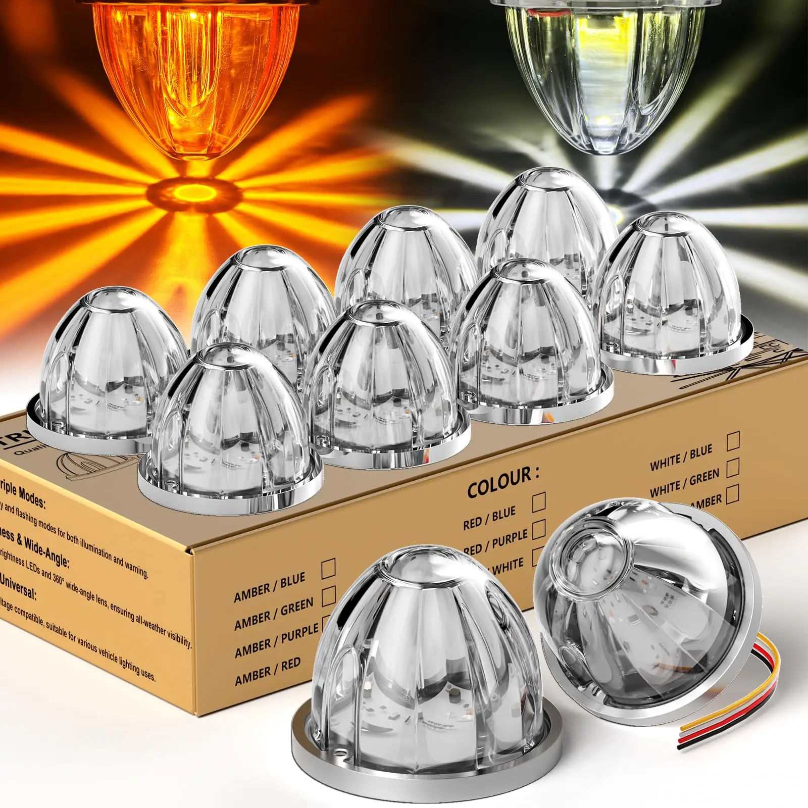 

10PCS Starburst Marker Lights Dual Color LED Watermelon Lights 12V 24V Trailer Water Melon Under Glow Lights For Semi Truck