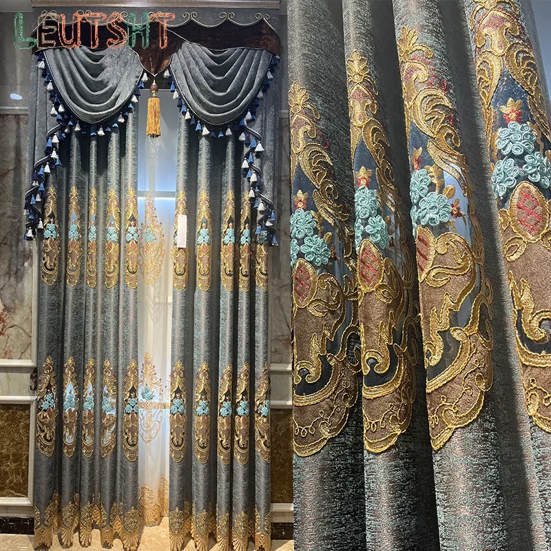 New Gray European Style Curtains Finished Chenille Heavy Industry Embroidery Luxury Customization for Villa Living Room