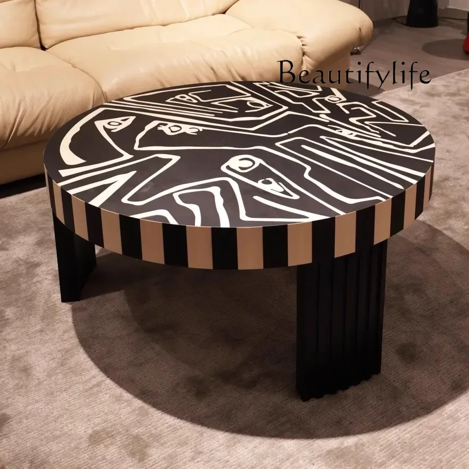 O Creative Old Money Retro Wind Wabi-**** Wind Solid Wood Graffiti Striped Round Coffee Table Antique Designer