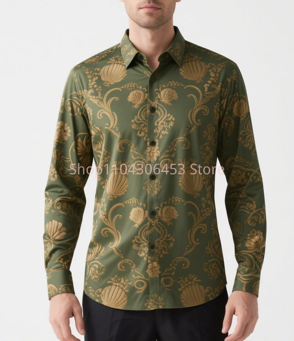 Men's French Plant Graphic 3D Printing Dark Pattern Shirt Hawaiian Casual Long-sleeved Lapel Shirt Business Party Simple Formal