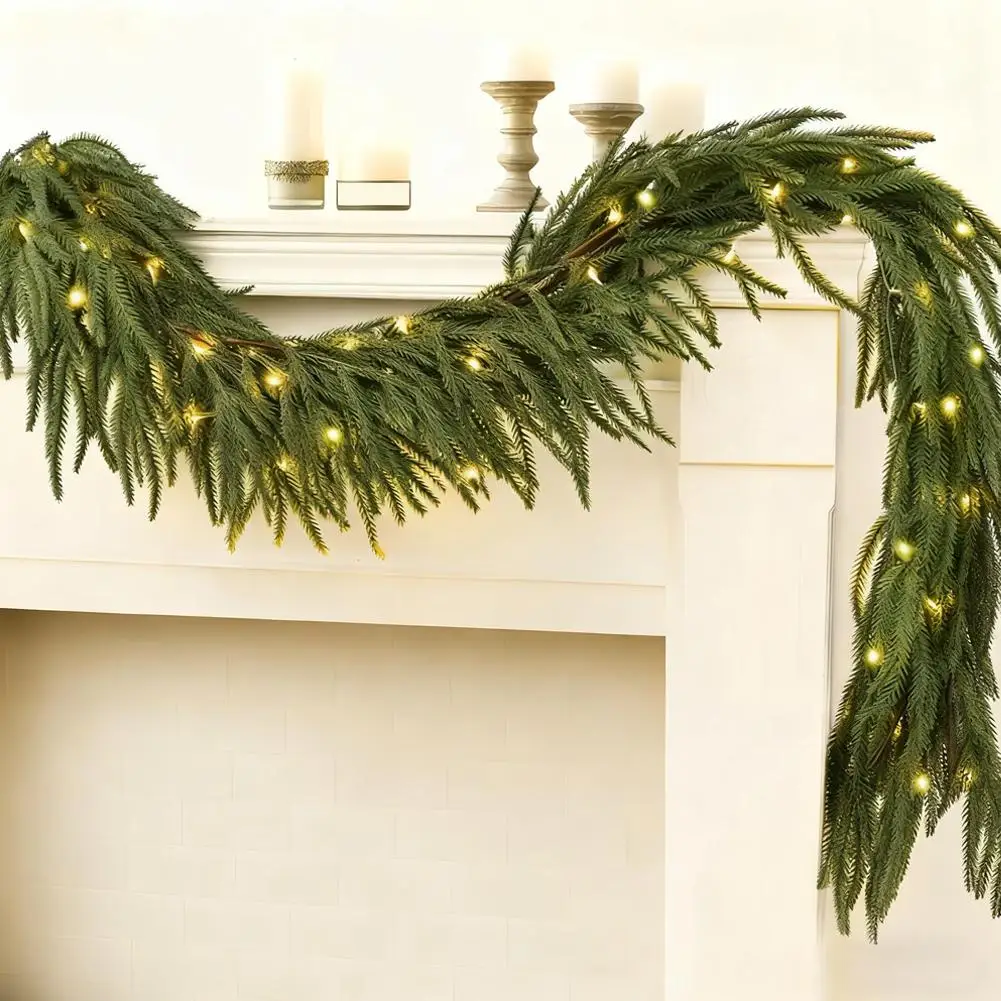 Novo natal norfolk pinho guirlanda com luzes para manto lareira decoração artificial ramos de pinho grinaldas mesa decoração para casa 2025