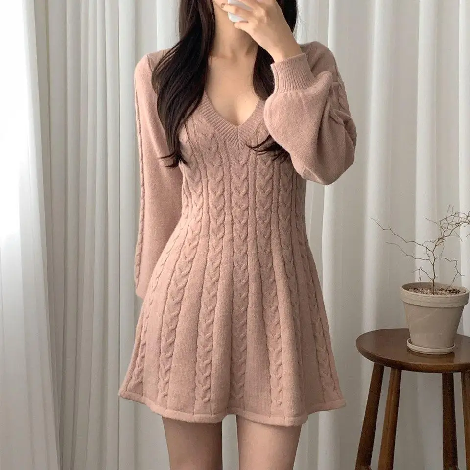 MEXZT Elegant Knitted Mini Dress Women Black Sexy V Neck Sweater Dresses Winter Korean Lantern Long Sleeve Bodycon Vestidos New