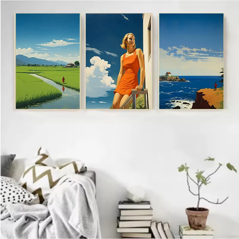 1pc Frameless Canvas Painting Edward Hopper City Autumn Summer People Poster Cityscapes Canvas Paintings Wall Art for  Room