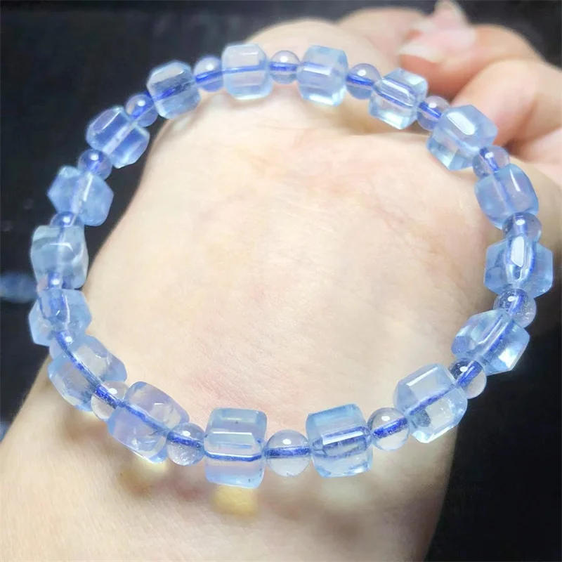 Natural Aquamarine Cube Bracelet Handmade Crystal Quartz Jewelry Stretch Bangle Children Birthday Gift 1pcs